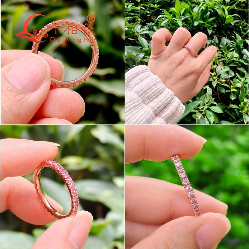 Pink Moissanite Eternity Ring – 2mm Full Band S925 Silver Rose/Yellow Gold Plated