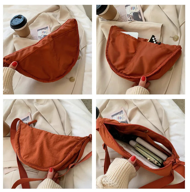 Solid Color Women’s Nylon Shoulder Bag – Portable Padded Crossbody Messenger Travel Handbag