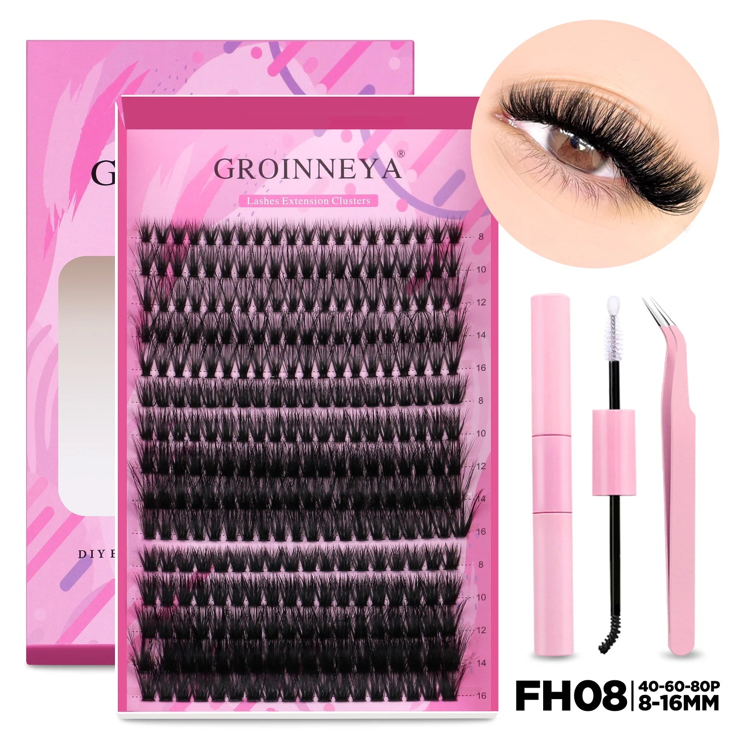 GROINNEYA DIY Lash Extension Kit – Individual Cluster Mix Lashes with Bond & Seal for At-Home Use