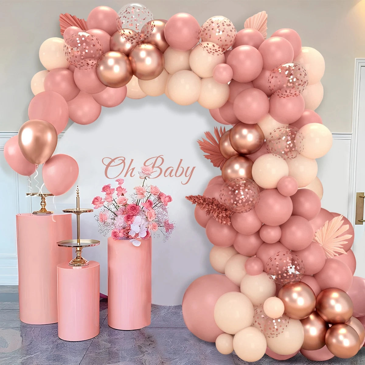 Pink Balloon Garland Kit – Retro Metallic Blush Champagne Gold Arch for Party & Wedding