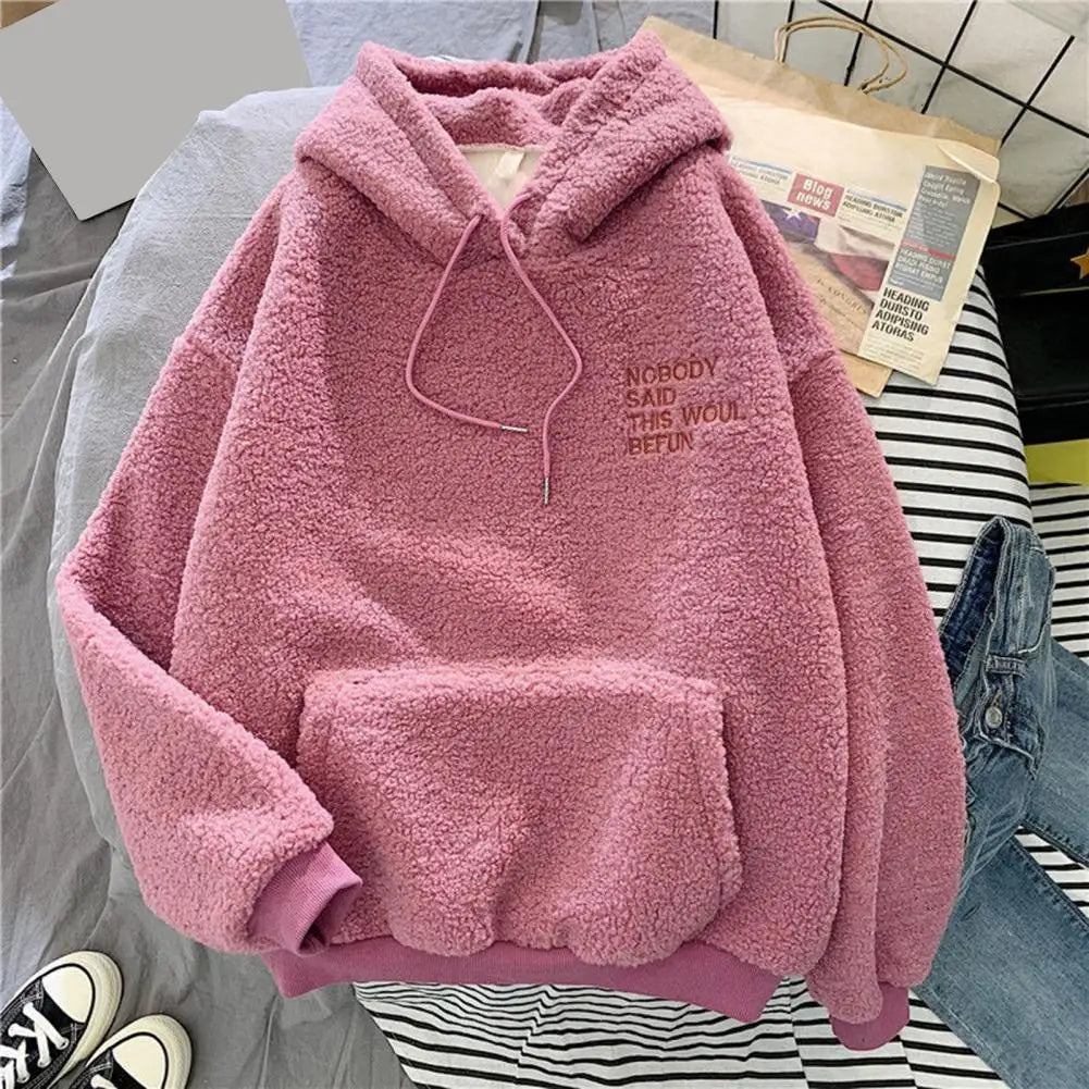 Pink Hooded Harajuku Sweatshirt – Autumn/Winter Fleece Pullover for Women