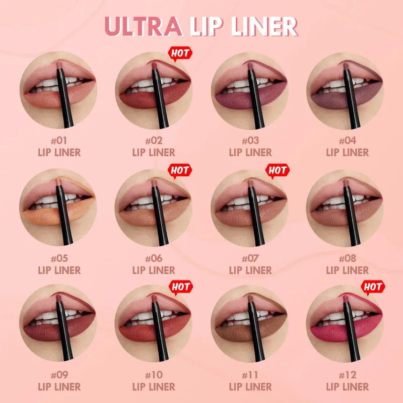 Waterproof Matte Lipliner Pencil – Red Contour Lipstick, Long-Lasting, Non-Stick & Moisturizing (12 Colors)