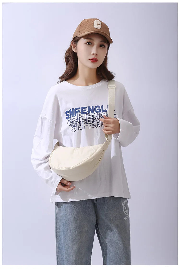 Solid Color Women’s Nylon Shoulder Bag – Portable Padded Crossbody Messenger Travel Handbag