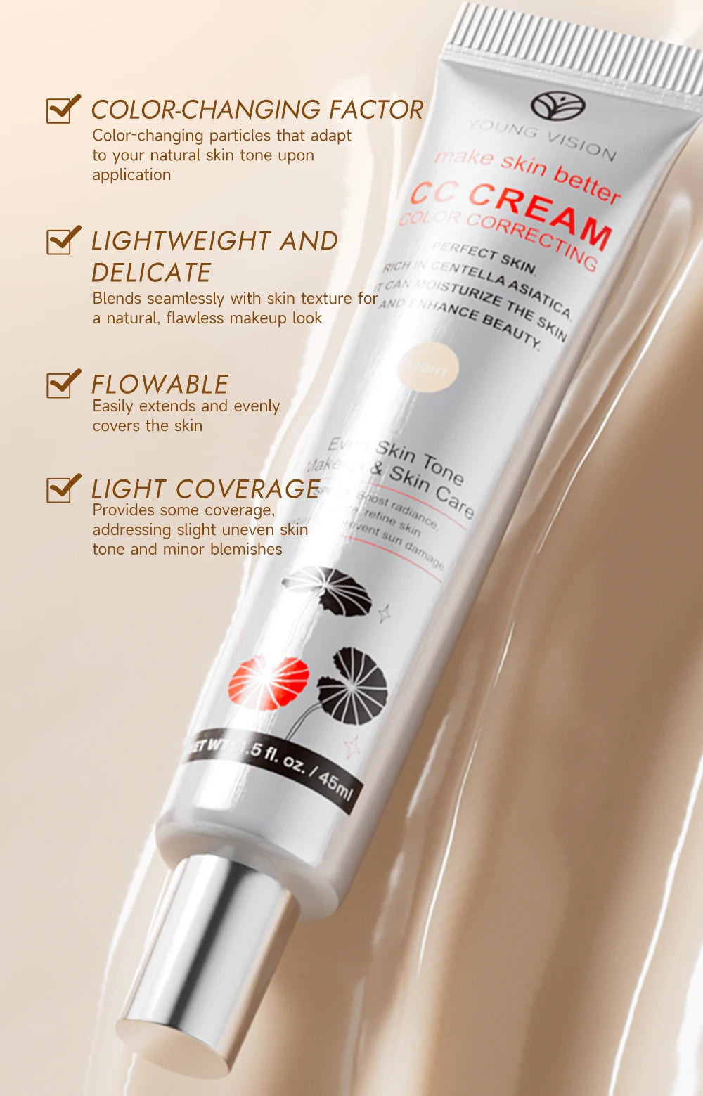 2-Color Brightening CC Cream with Puff – Even Skin Tone & Conceal Pores, Women’s Makeup Cosmetics