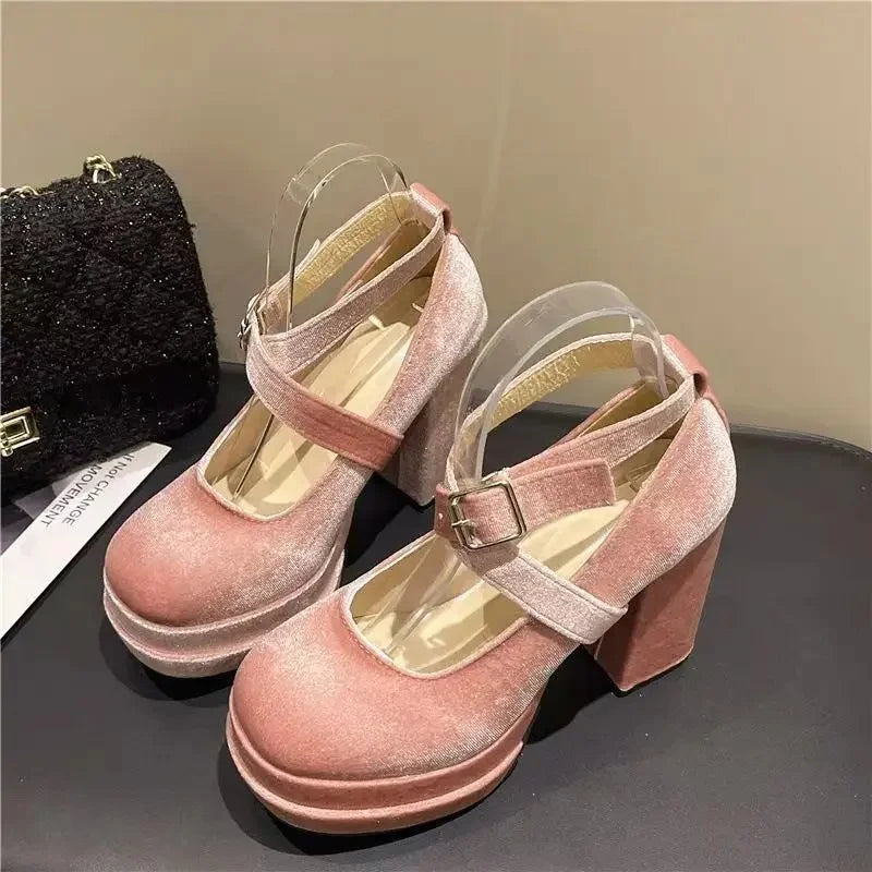 Retro Pink Mary Janes High Heels – French Thick Heel Wedding & Party Shoes for Women