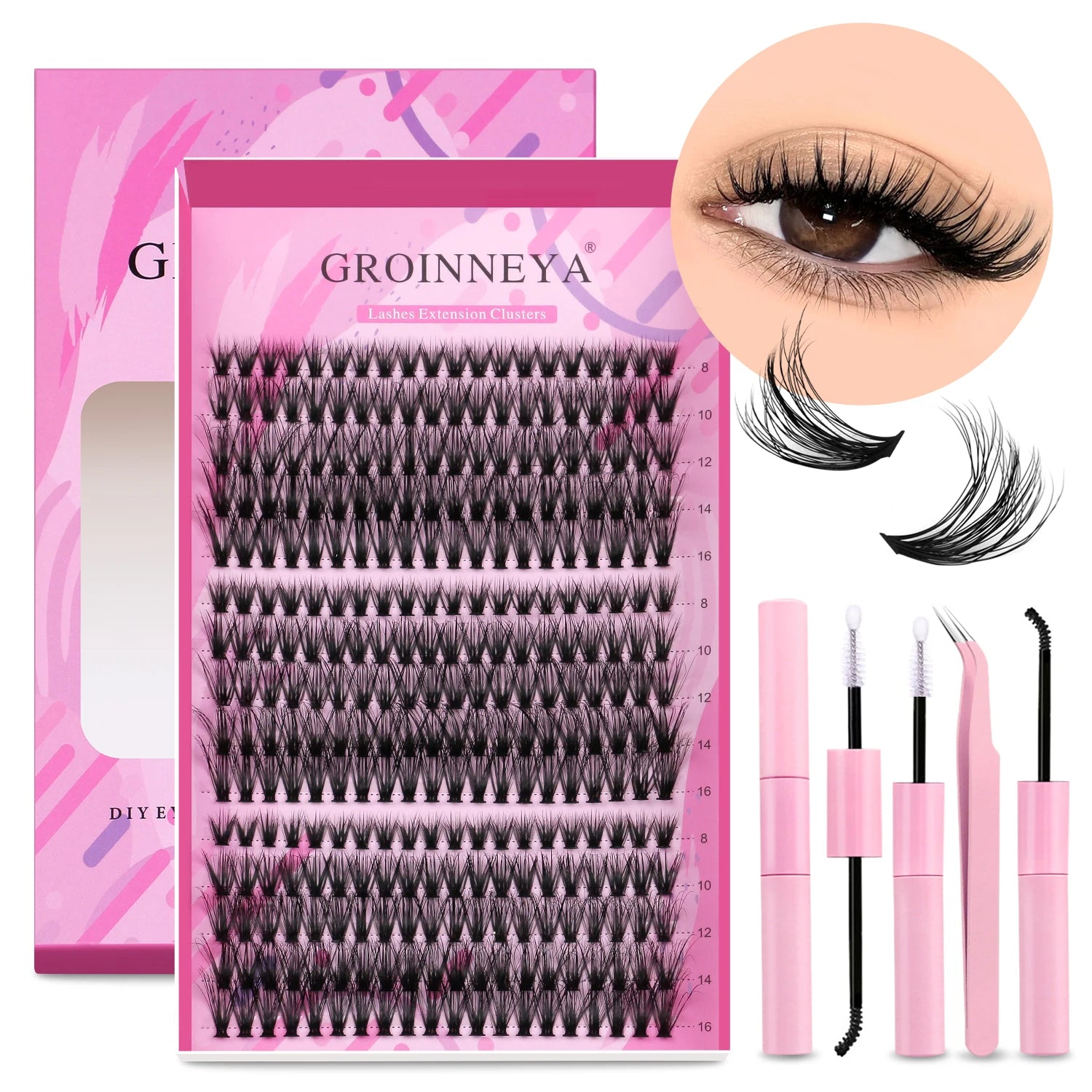GROINNEYA DIY Lash Extension Kit – Individual Cluster Mix Lashes with Bond & Seal for At-Home Use