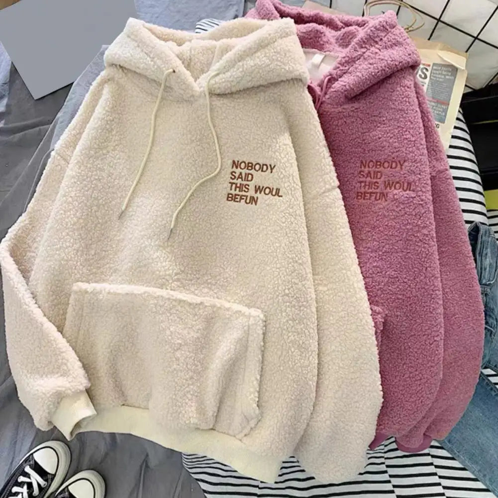 Pink Hooded Harajuku Sweatshirt – Autumn/Winter Fleece Pullover for Women