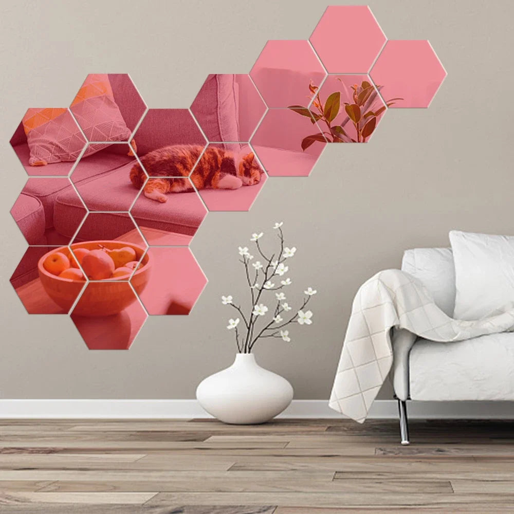 6/12pcs 3D Hexagon Mirror Wall Stickers – Rose Gold DIY Home & TV Background Decor
