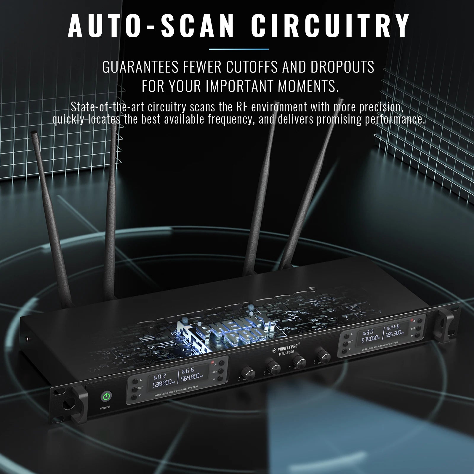 Phenyx Pro PTU-7000 4-Mic UHF Wireless System with Auto Scan & Frequency Selection