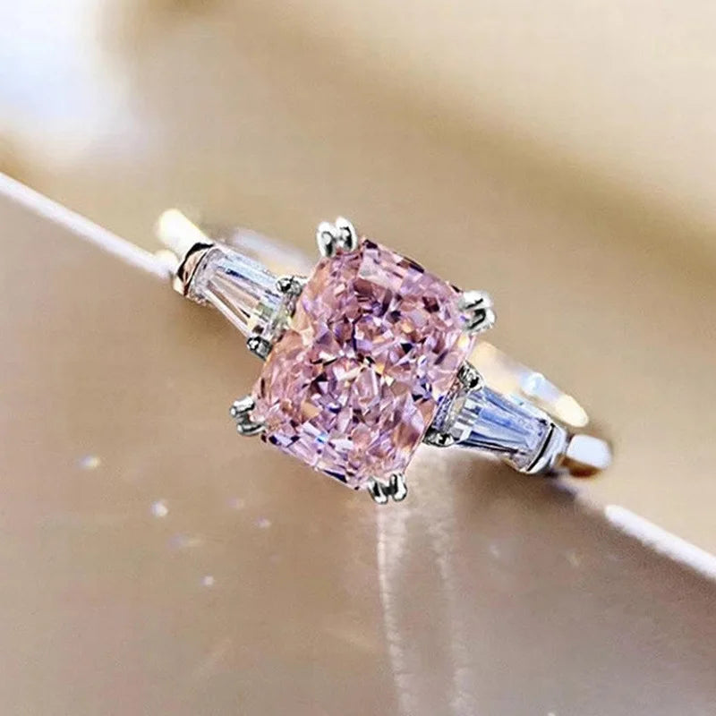 Square Pink Zirconia Wedding Ring – 925 Sterling Silver Romantic Bridal Jewelry