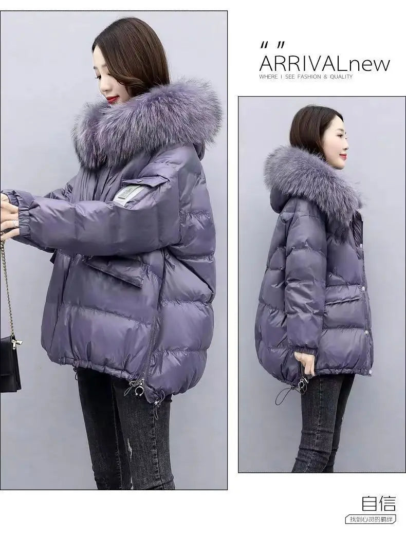 2025 Women’s Winter Down Cotton Jacket – Hooded Puffer Coat with Fur Collar
