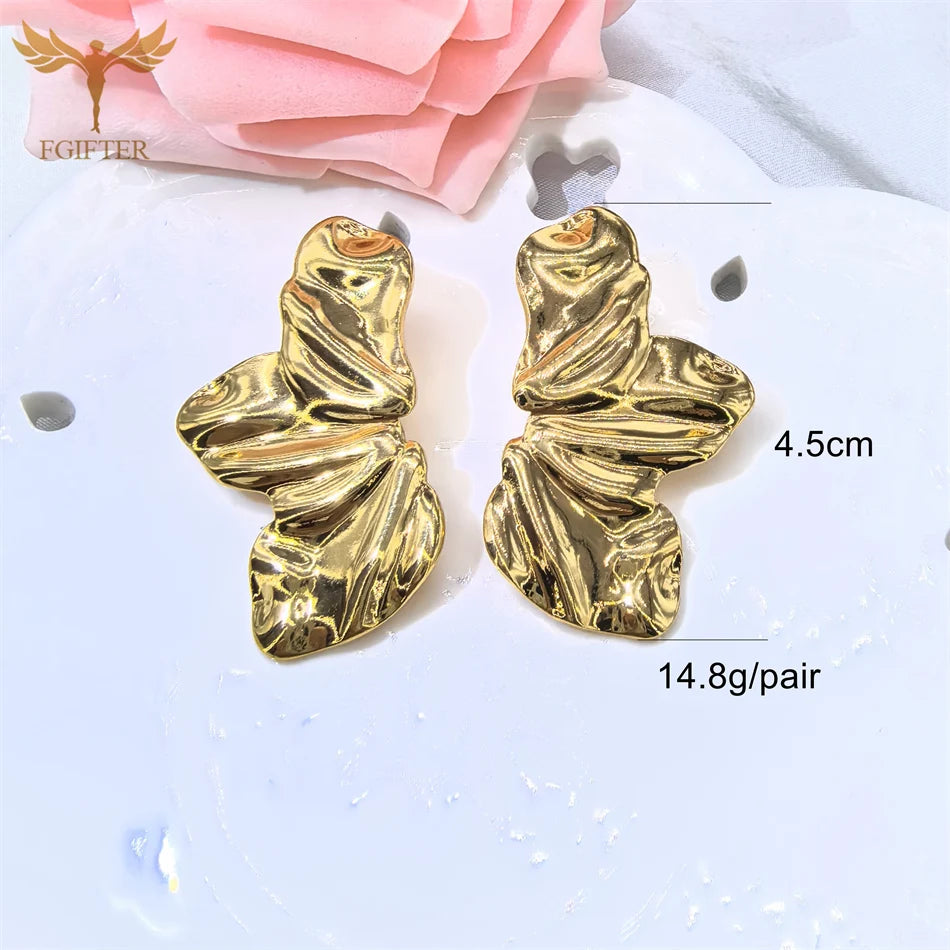 Hyperbole Chunky Earrings Wrinkle Flower Leaf Design Stud Earings Women Golden Stainless Steel Jewelry Accessories Gifts for Her