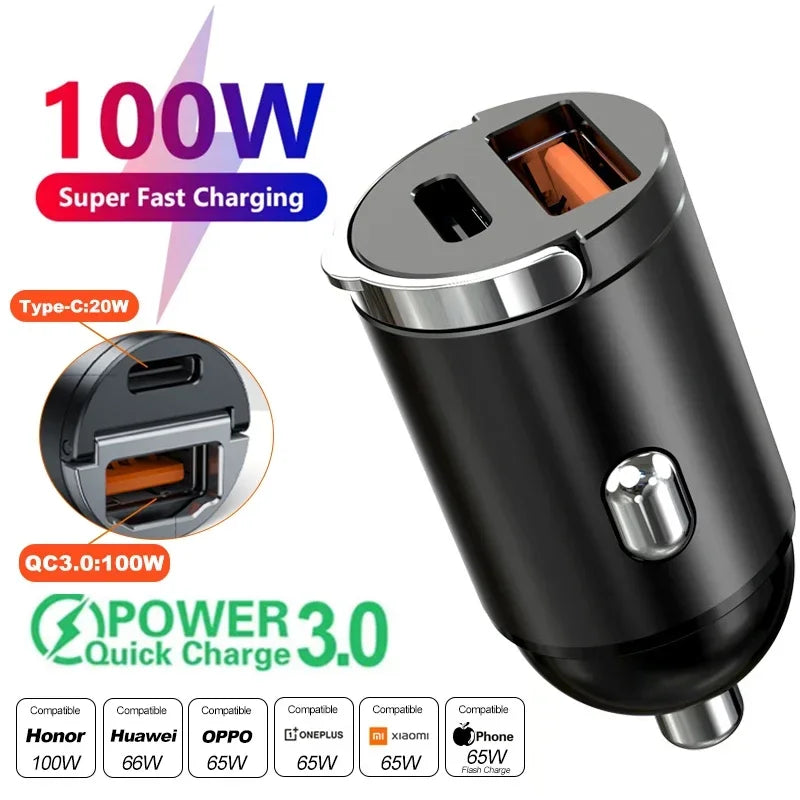 Mini 100W PD QC Fast Charging Car Charger – USB-C Pull Ring Adapter for iPhone, Samsung, Xiaomi & Huawei