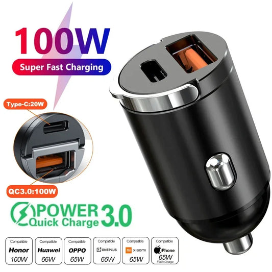 Mini 100W PD QC Fast Charging Car Charger – USB-C Pull Ring Adapter for iPhone, Samsung, Xiaomi & Huawei