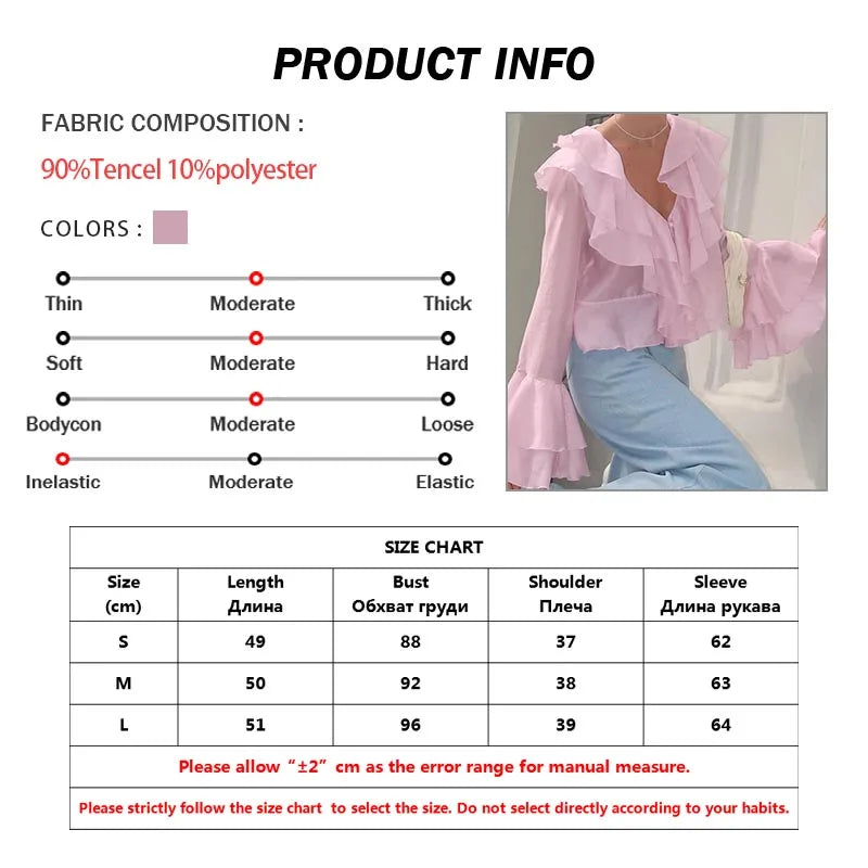 Elegant Pink Ruffled V-Neck Blouse – Petal Sleeve Women’s Fashion Shirt