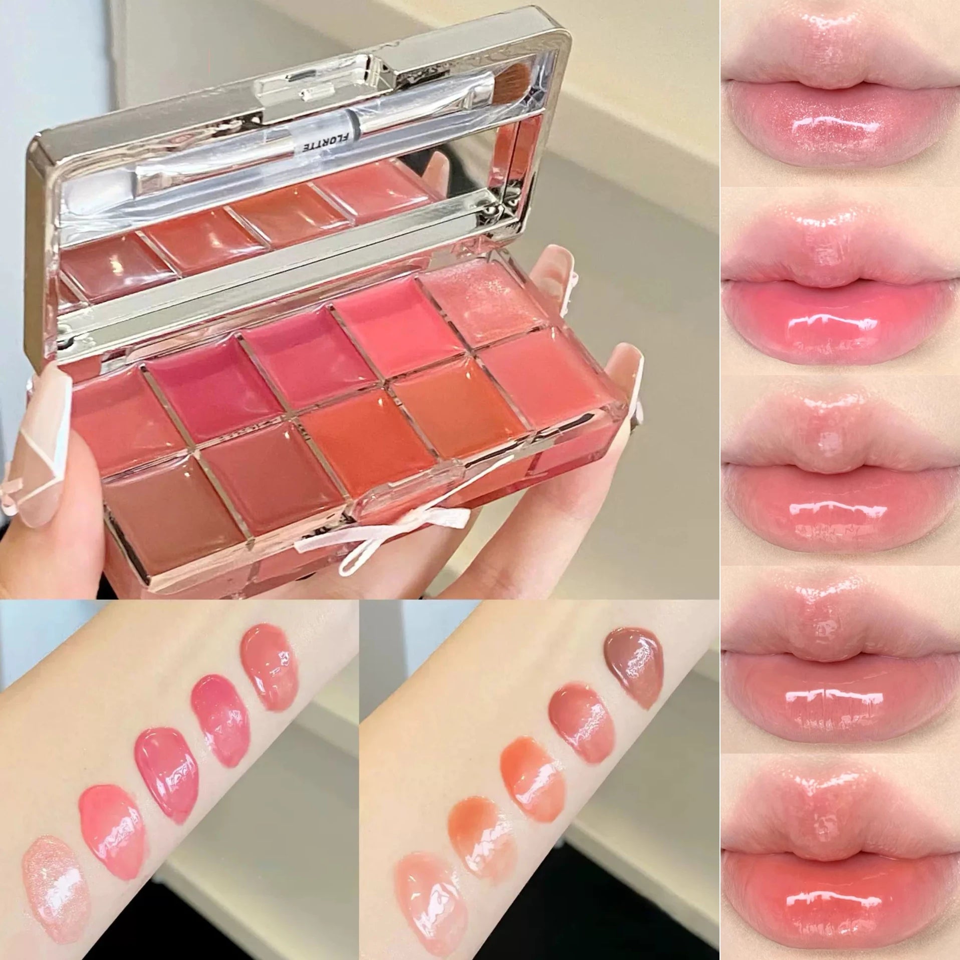 FLORTTE 10-Color Lip Palette – Glossy, Moisturizing & Pigmented Lip Gloss & Lipstick Set