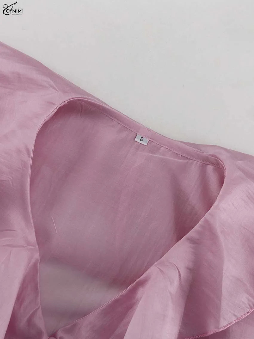 Elegant Pink Ruffled V-Neck Blouse – Petal Sleeve Women’s Fashion Shirt