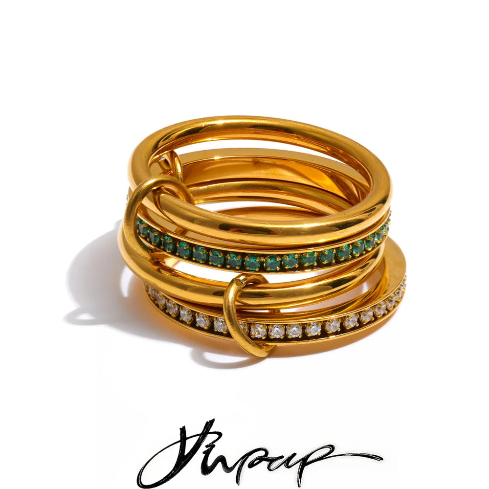 Yhpup Size 678 White Green Zirconia 4 Layered Stacked Ring 18K Golden PVD Plated Stainless Steel Popular Jewelry Accessories
