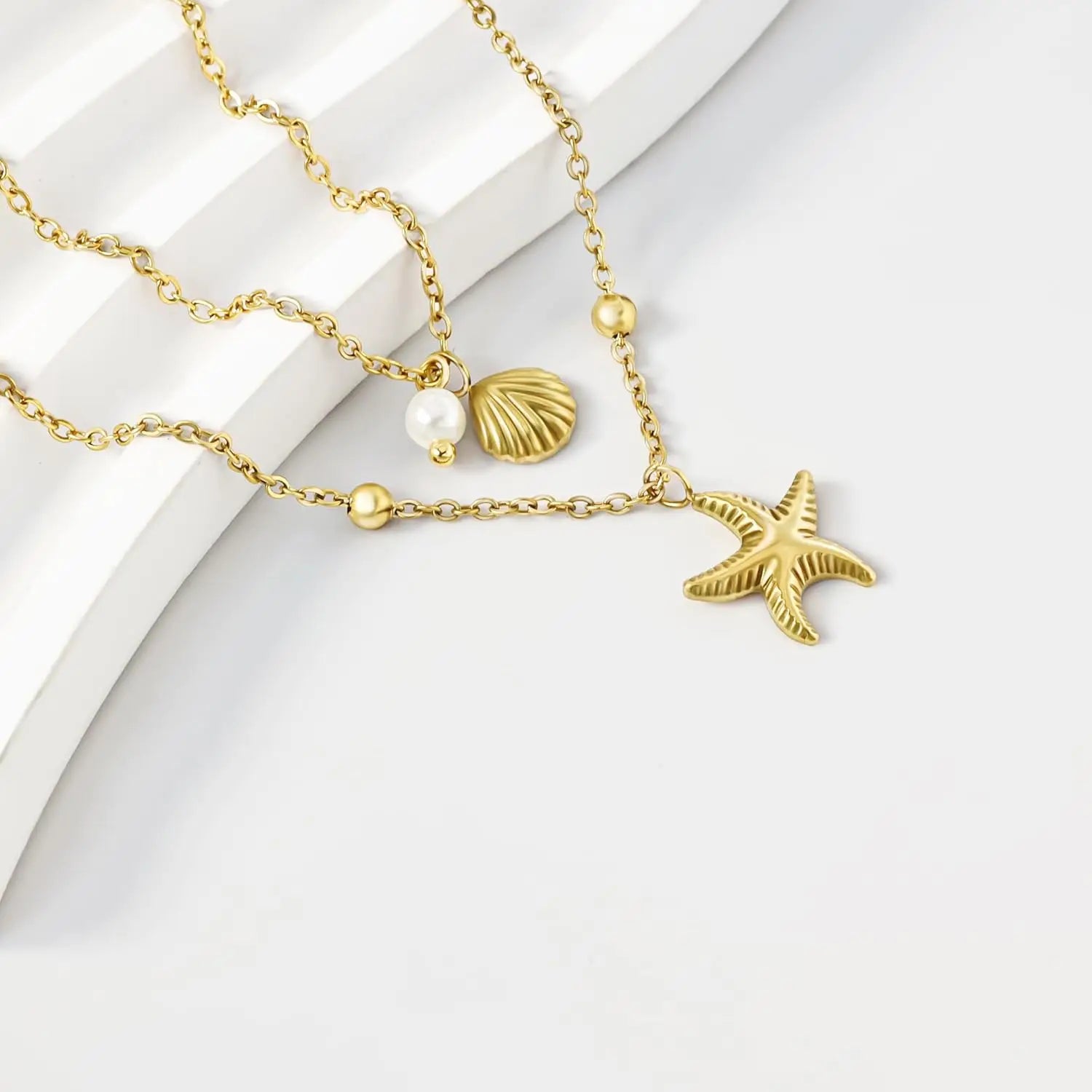 14k Gold Plated Women’s Shell Necklace – Layered Starfish & Seashell Pearl Charm Jewelry