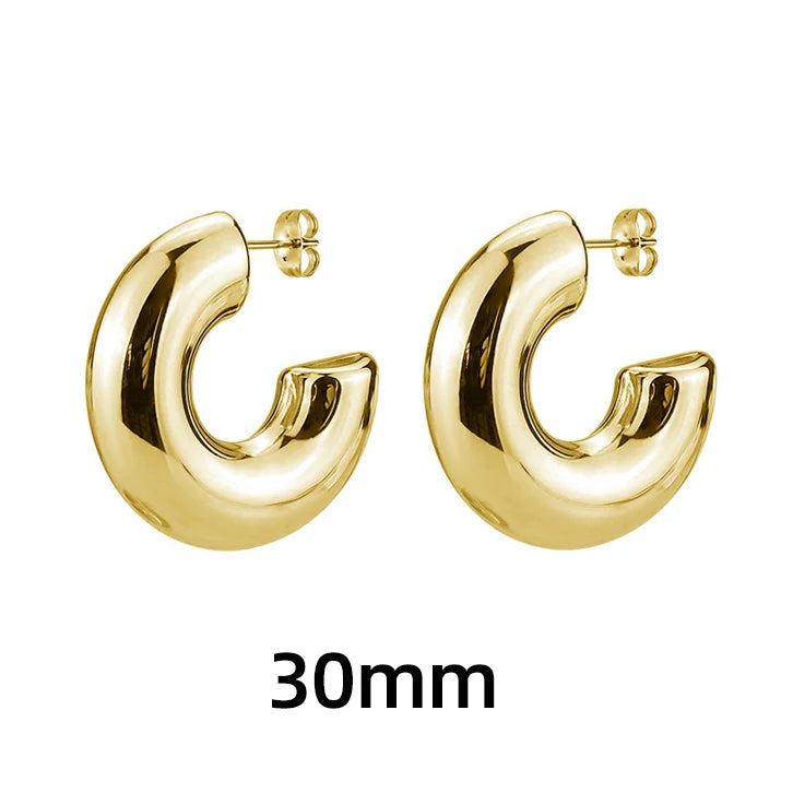 Classic Gold-Plated Chunky Hoop Earrings – Smooth Round C-Shape Stainless Steel Fashion Jewelry for Women