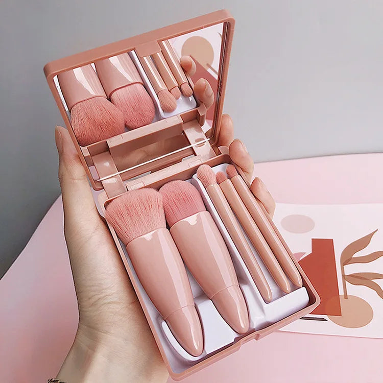 5PCS Pink Mirror Case Makeup Brush Set – Mini Travel Beauty Brushes