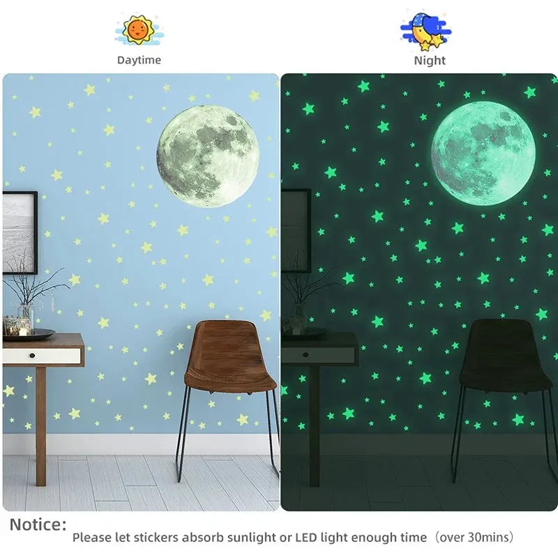 103pcs Luminous Moon & Stars Wall Stickers – Glow-in-the-Dark Kids Room Décor