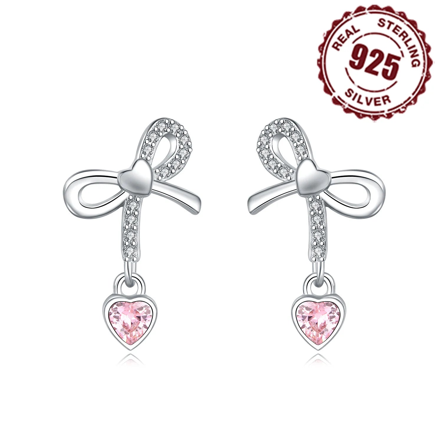 925 Sterling Silver Pink Heart Bow Stud Earrings – Elegant Gift for Women