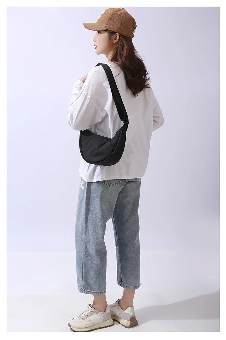 Solid Color Women’s Nylon Shoulder Bag – Portable Padded Crossbody Messenger Travel Handbag