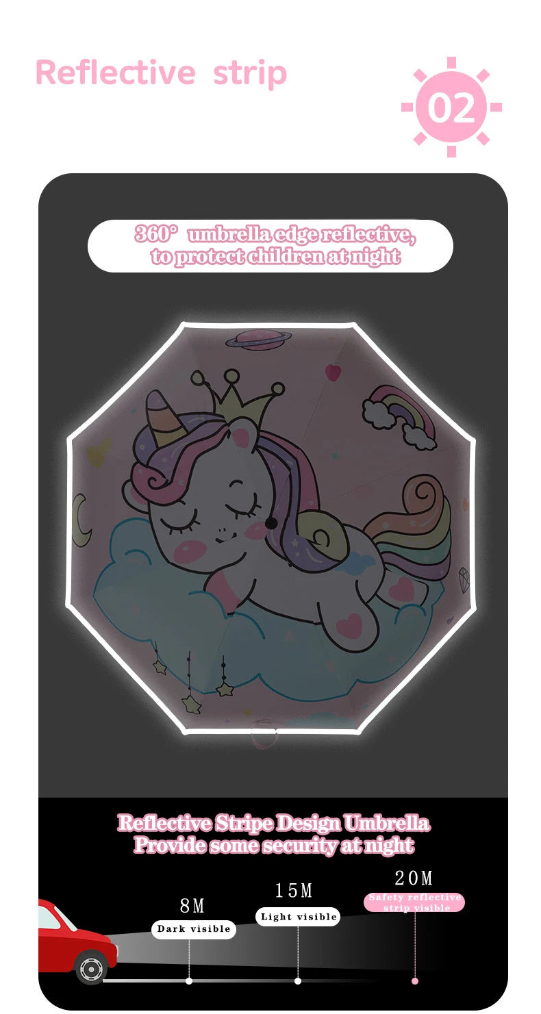 Pink Unicorn Princess Automatic Umbrella – Windproof Folding Reflective Umbrella