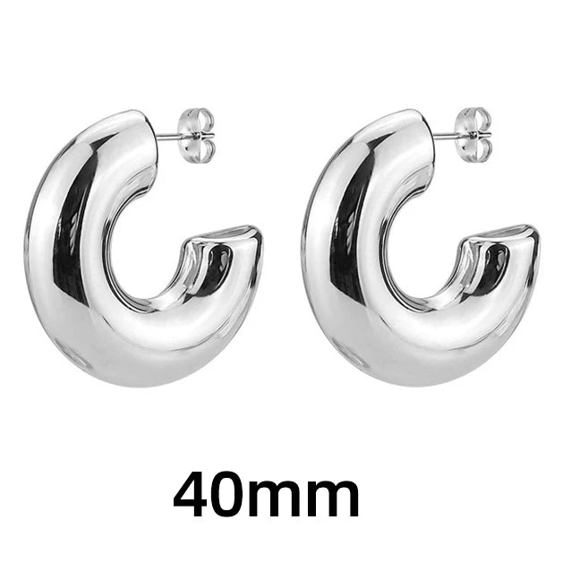 Classic Gold-Plated Chunky Hoop Earrings – Smooth Round C-Shape Stainless Steel Fashion Jewelry for Women
