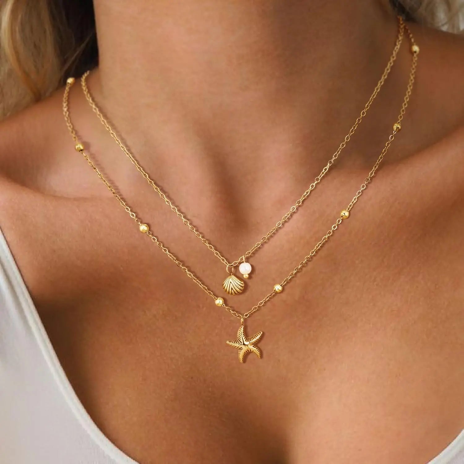 Women Shell Necklace 14k Gold Plated Stainless Steel Layered Starfish Conch SeaShell Pearl Charm Necklace Summer Beach Jewelry