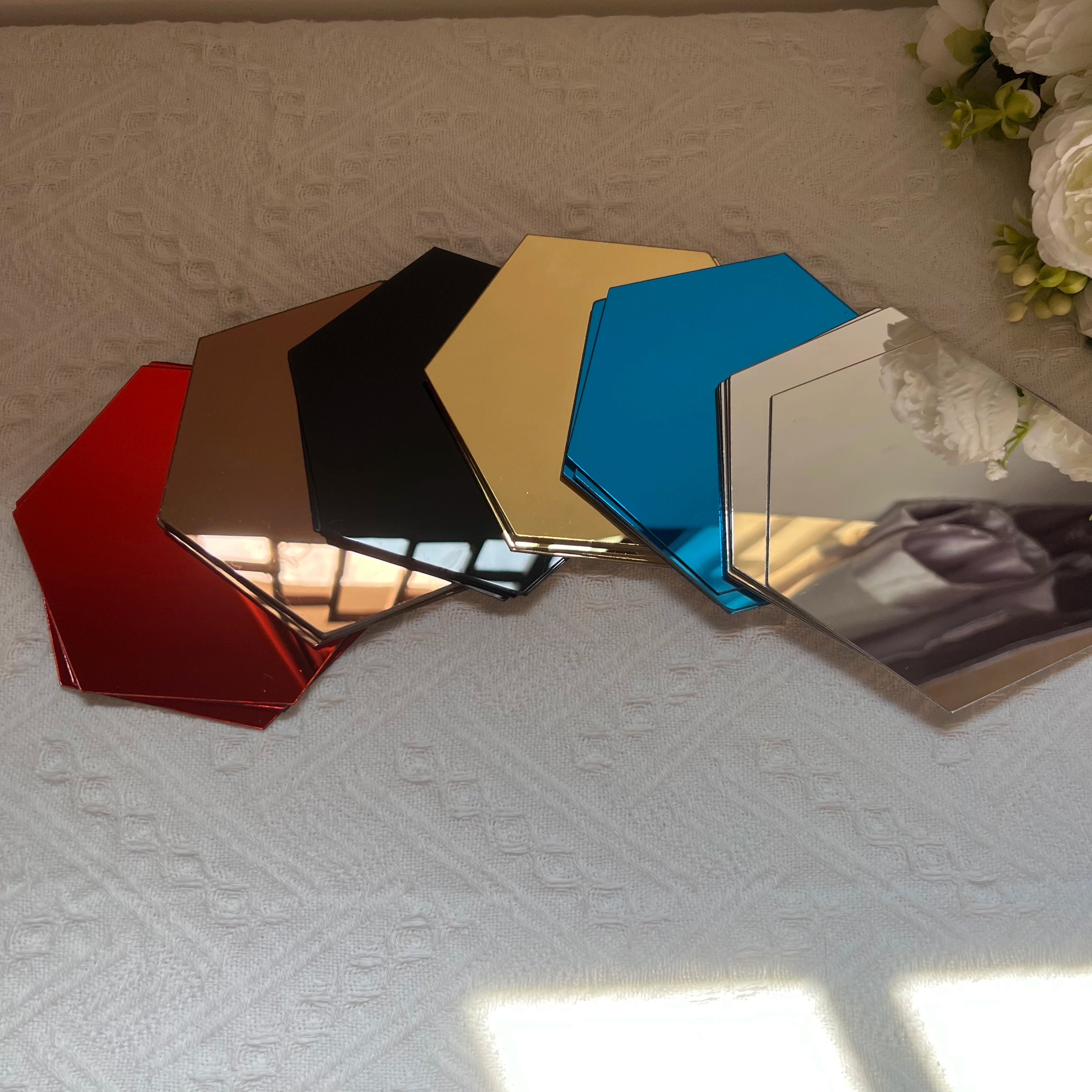 6/12pcs 3D Hexagon Mirror Wall Stickers – Rose Gold DIY Home & TV Background Decor