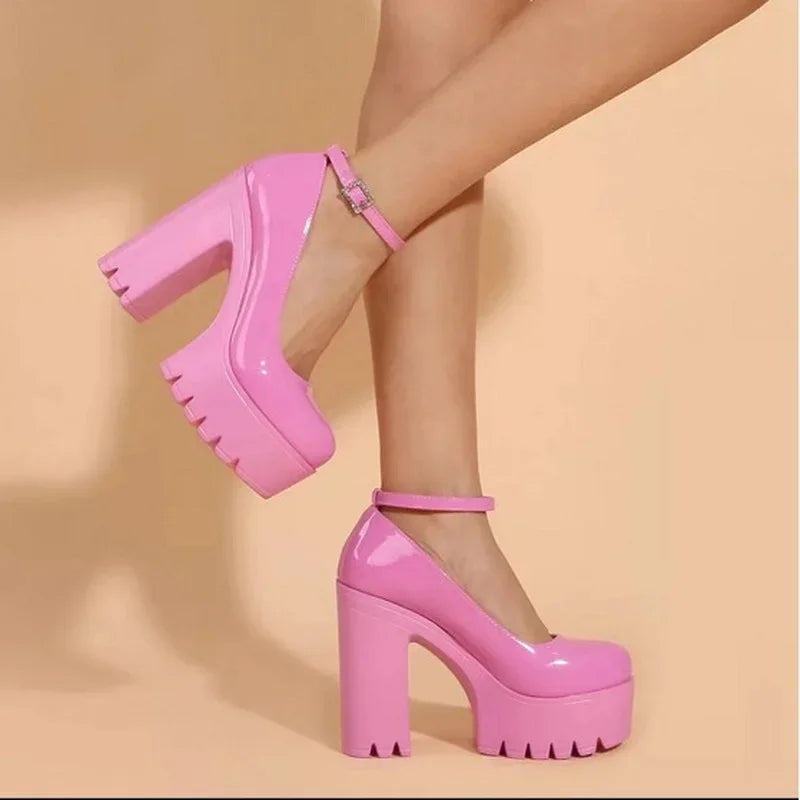 Pink Chunky Heeled Ankle Strap Pumps – Sweet Platform Square Heel Women’s High Heels