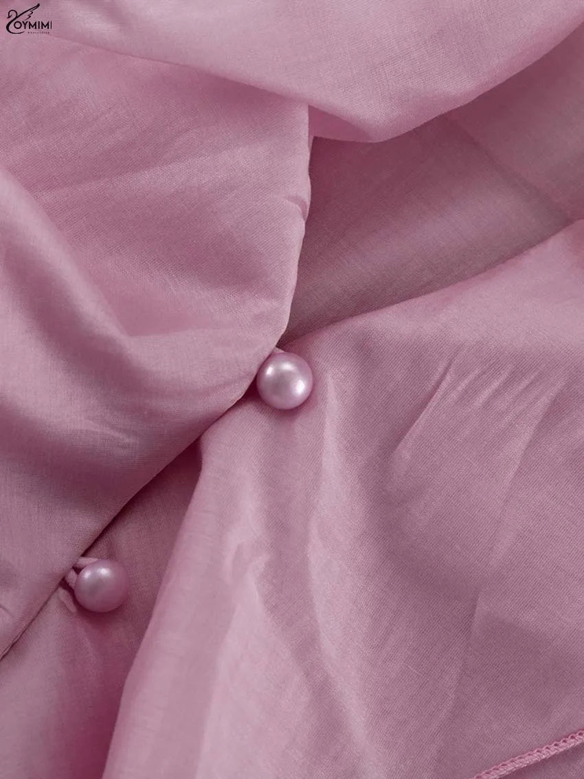 Elegant Pink Ruffled V-Neck Blouse – Petal Sleeve Women’s Fashion Shirt