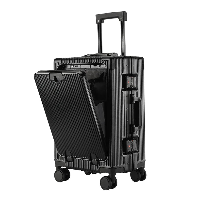 Front Opening Aluminum Frame Rolling Luggage – Large Capacity ABS+PC Trolley Suitcase with USB Charging