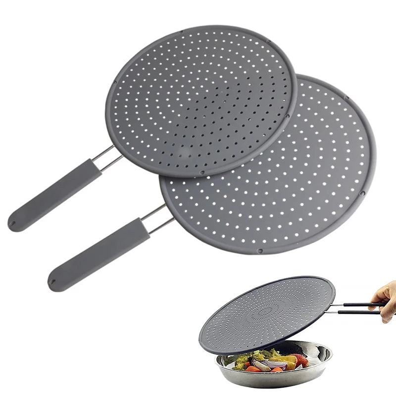 Silicone Kitchen Splatter Screen – Heat-Resistant Oil Splash Guard with Handle