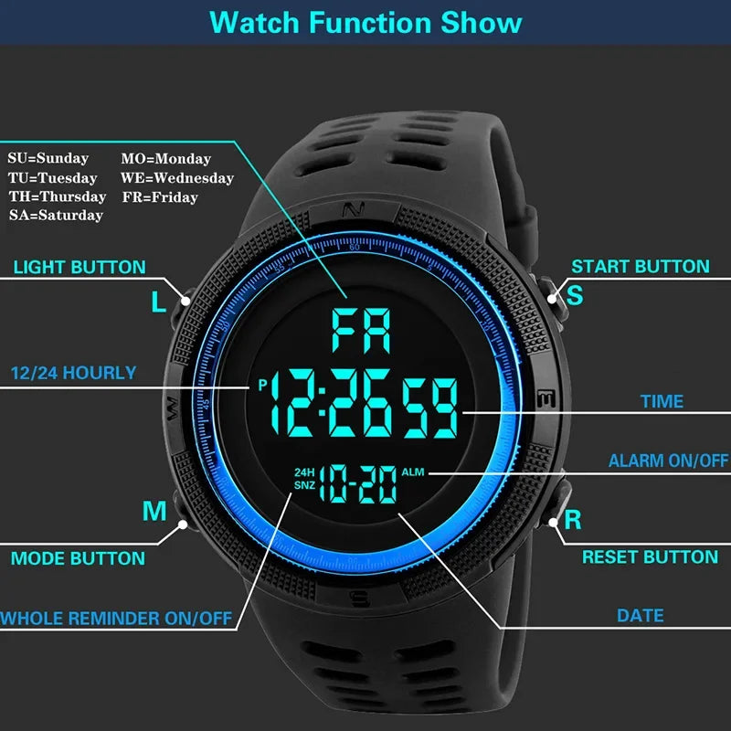 YIKAZE Y01 Military Digital Sports Watch – Waterproof Multifunction Men’s Electronic Wristwatch