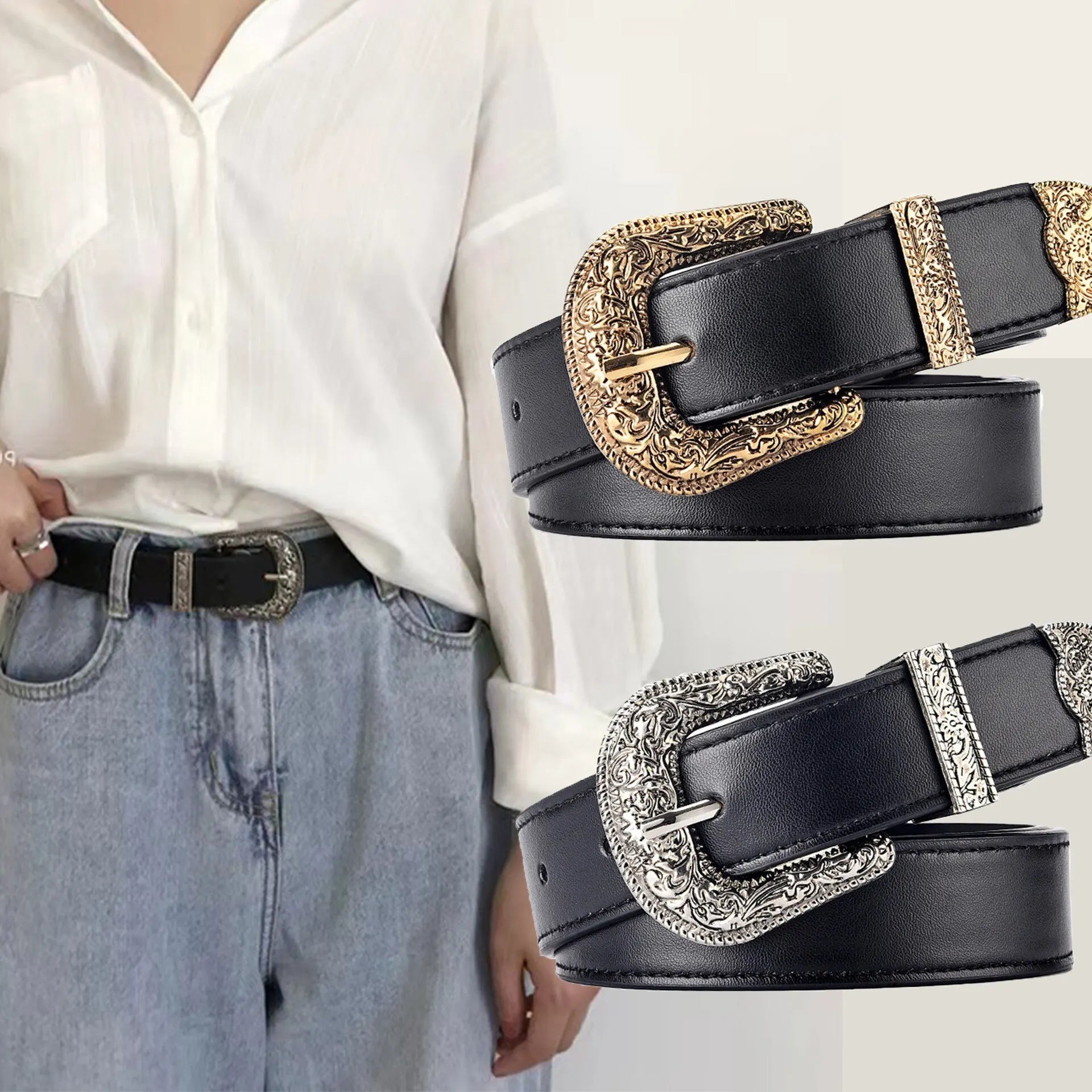 Vintage Carved PU Leather Belt – Punk Hip Hop Y2K Style Unisex