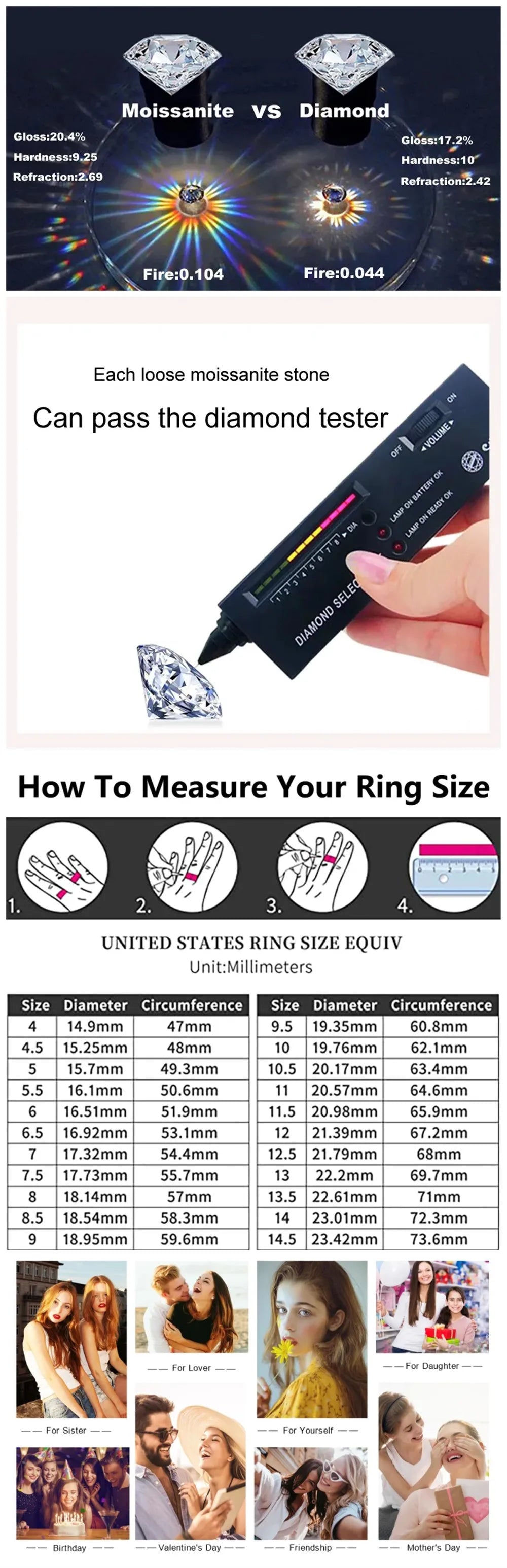 1/2/3 Carat Pink Moissanite Ring – 925 Sterling Silver Diamond-Test Wedding Band