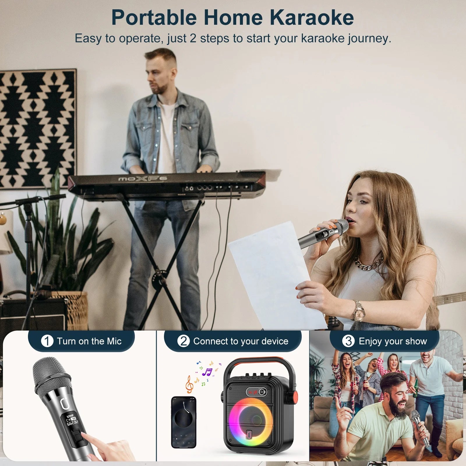 FanFun 66Pro Portable Bluetooth Karaoke Speaker with Mic & DJ Lights