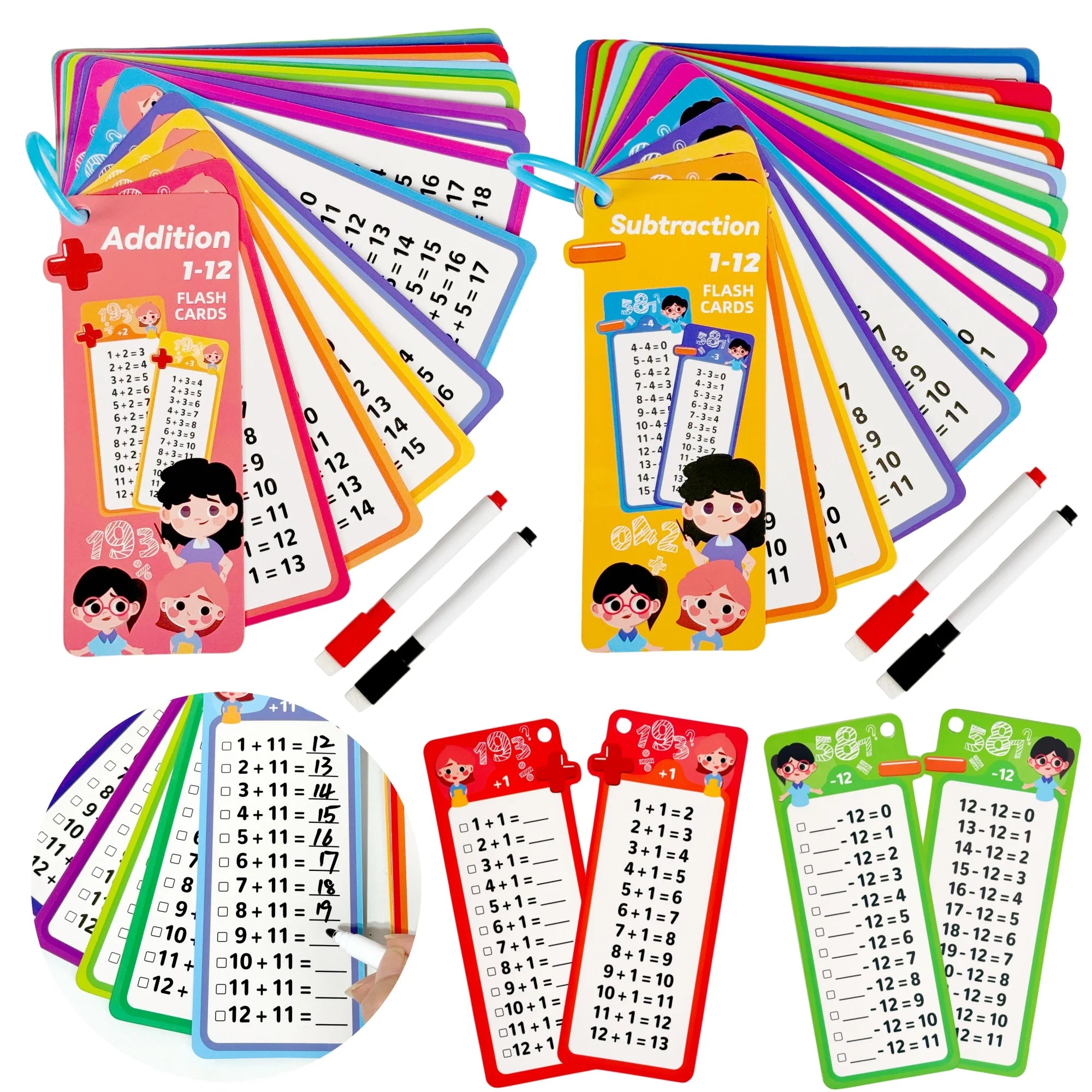 Digital Learning Math Flash Cards Set – 15 Reusable Cards with Erasable Pens for Kids Math Practice & Memory Training