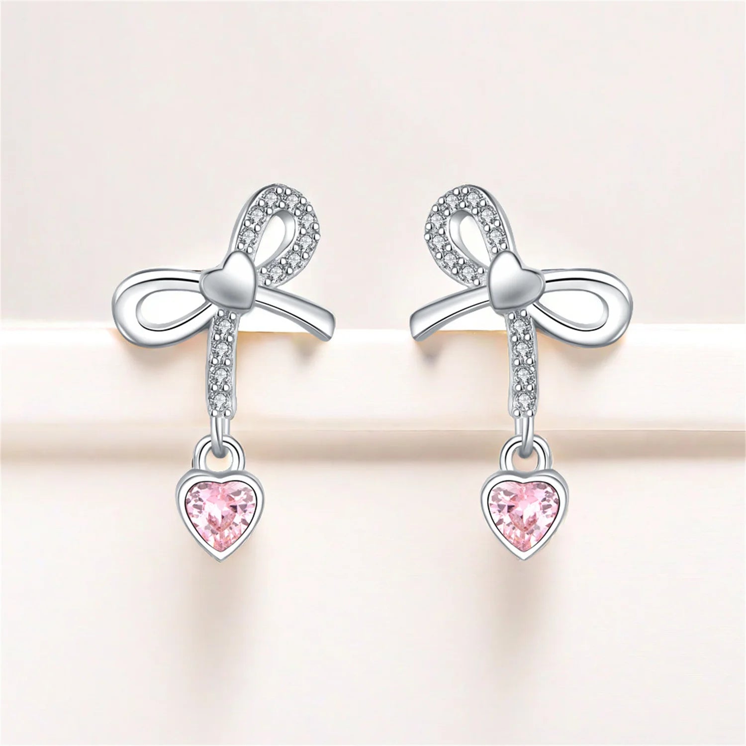 925 Sterling Silver Pink Heart Bow Stud Earrings – Elegant Gift for Women