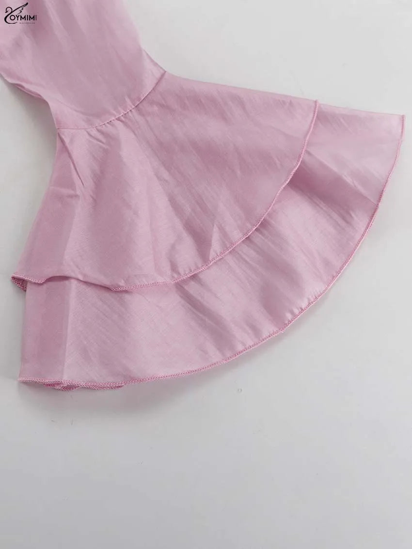 Elegant Pink Ruffled V-Neck Blouse – Petal Sleeve Women’s Fashion Shirt