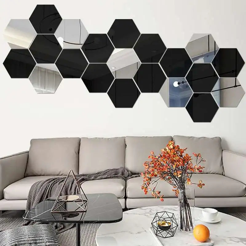 6/12pcs 3D Hexagon Mirror Wall Stickers – Rose Gold DIY Home & TV Background Decor