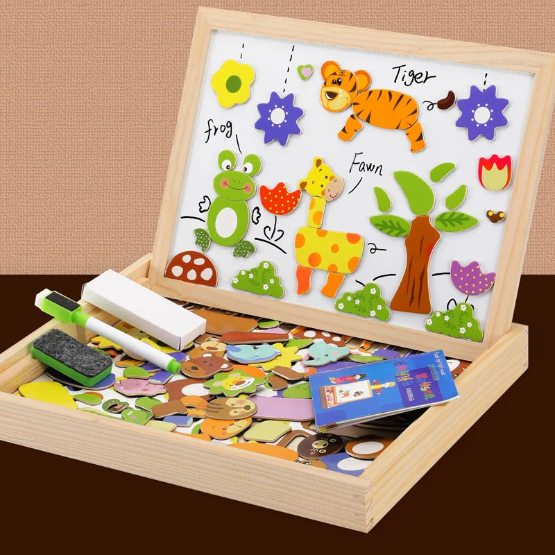 100+Pcs Wooden Magnetic Animal Puzzle Board – Multifunction Learning Drawing Toy for Kids Education & Creativity