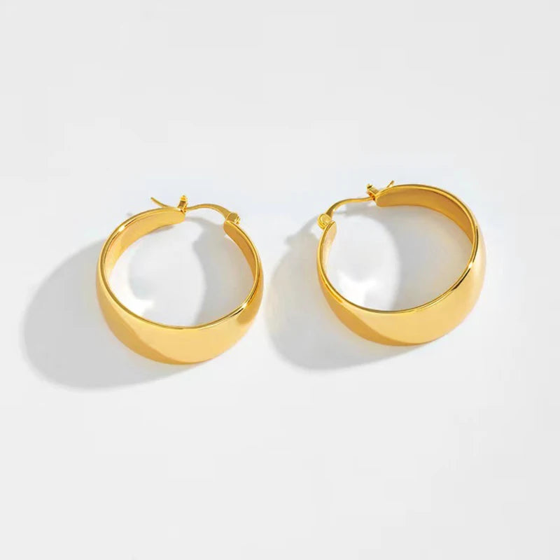 25/30mm Gold-Plated Wide Hoop Earrings – Stainless Steel Smooth Circle Statement Jewelry for Women