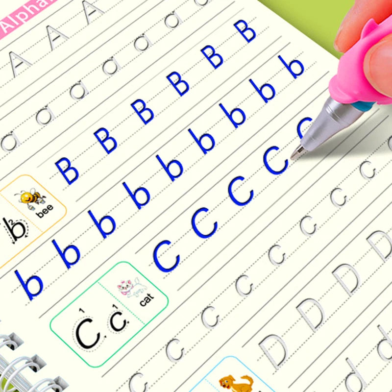 4pcs Magic Groove Copybook Set – Reusable Calligraphy Practice Books & Pen for Kids Learning English Writing