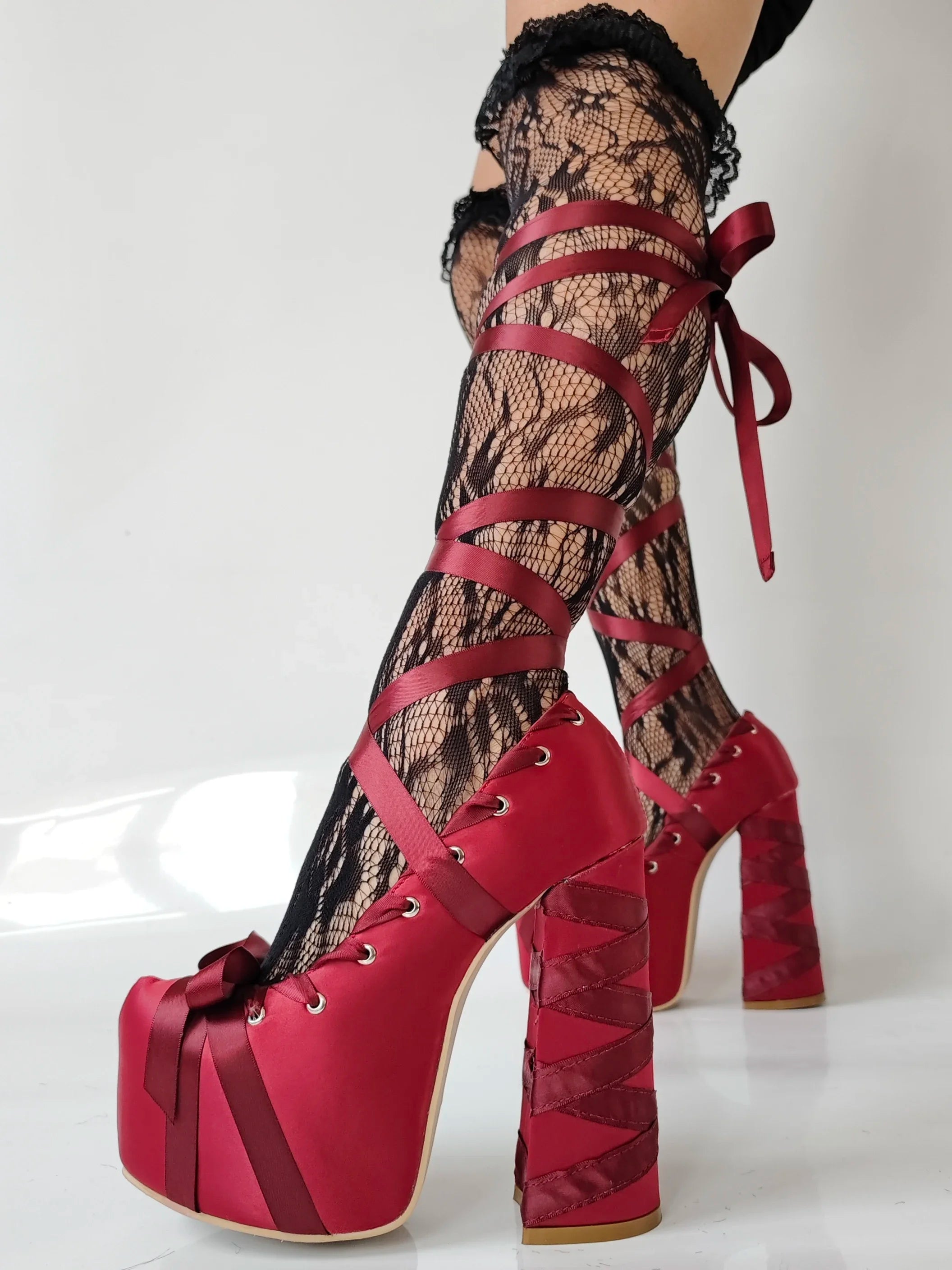 2025 Sweet Lolita Pink Bow Platform Sandals – Lace-Up Satin Strappy Heels for Women