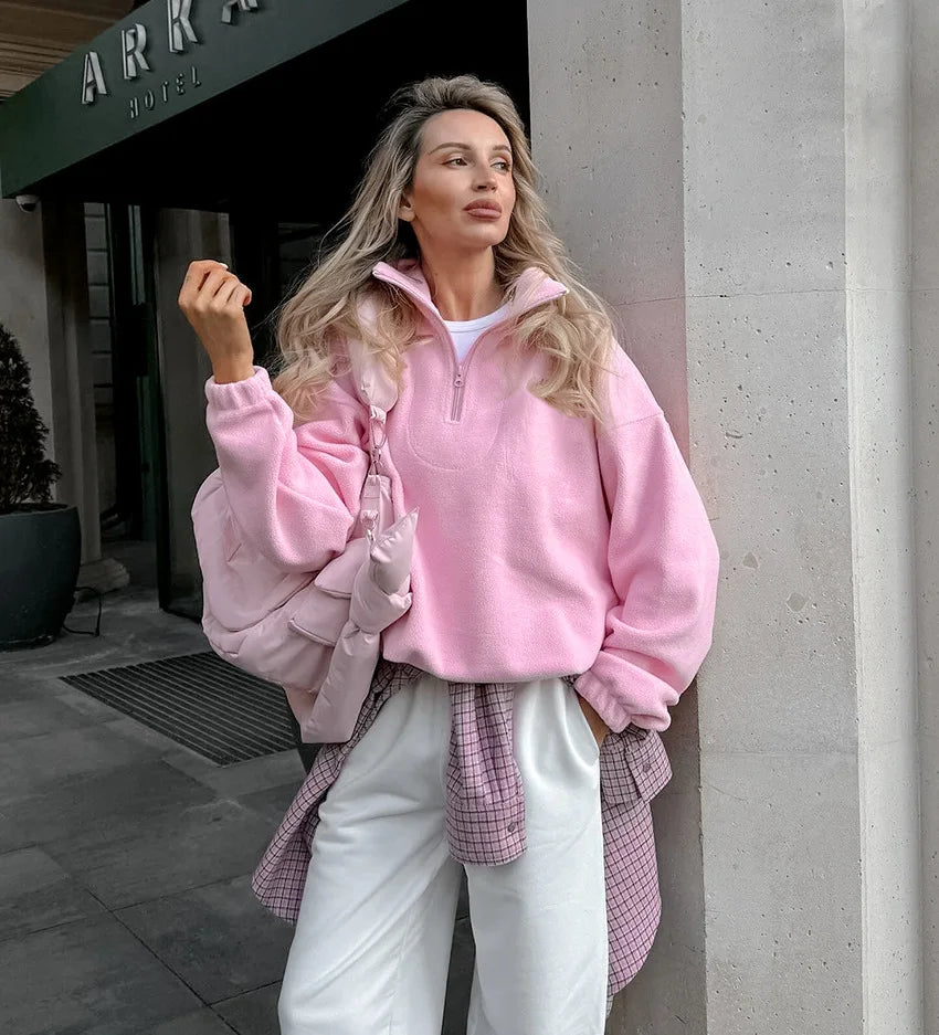 Pink Lamb Fleece Hoodie – Women’s Casual Thick Zipper Pullover Streetwear