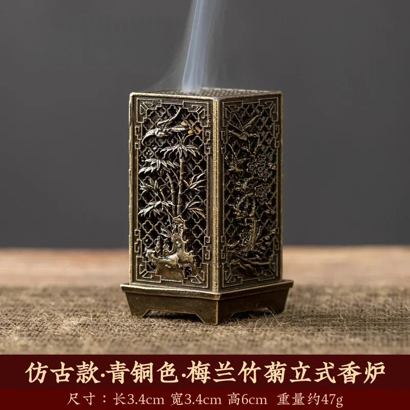Square Xiangyun Alloy Incense Burner – Chinese Plum Vertical Aromatherapy Holder for Home Décor